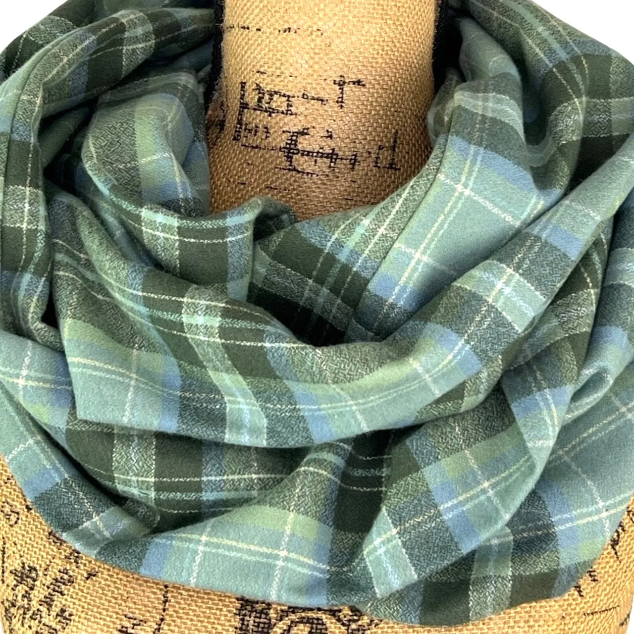 100% Organic Cotton Periwinkle Blue, Dusty Sage, and Olive Green with White Accent Plaid Infinity and Blanket Scarves