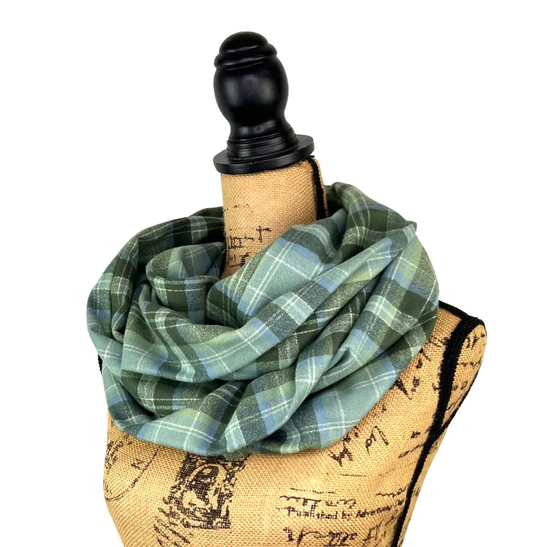 100% Organic Cotton Periwinkle Blue, Dusty Sage, and Olive Green with White Accent Plaid Infinity and Blanket Scarves