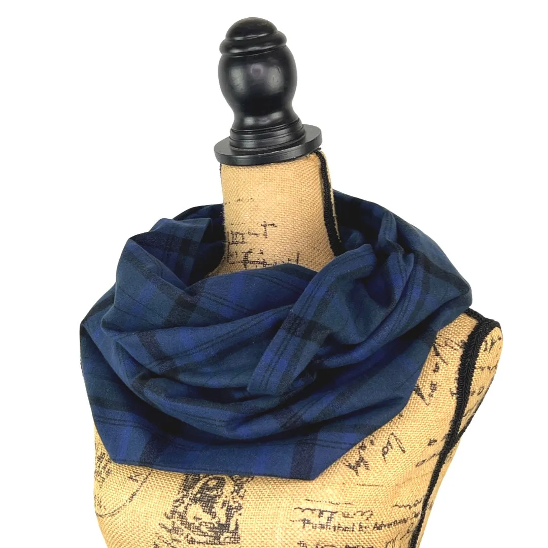 100% Organic Cotton Shades of Deep Navy Blue and Black Plaid Infinity and Blanket Scarves