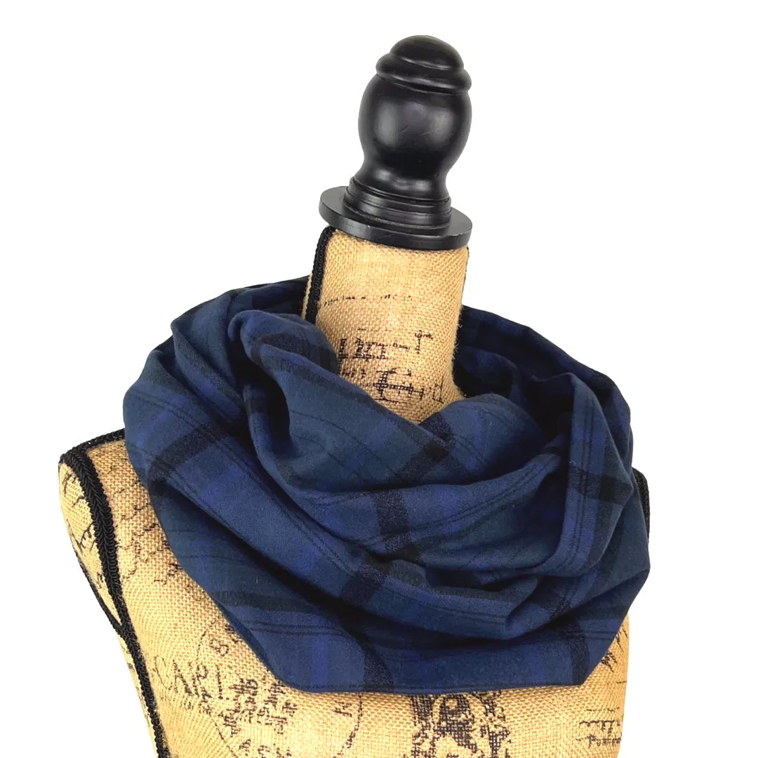 100% Organic Cotton Shades of Deep Navy Blue and Black Plaid Infinity and Blanket Scarves