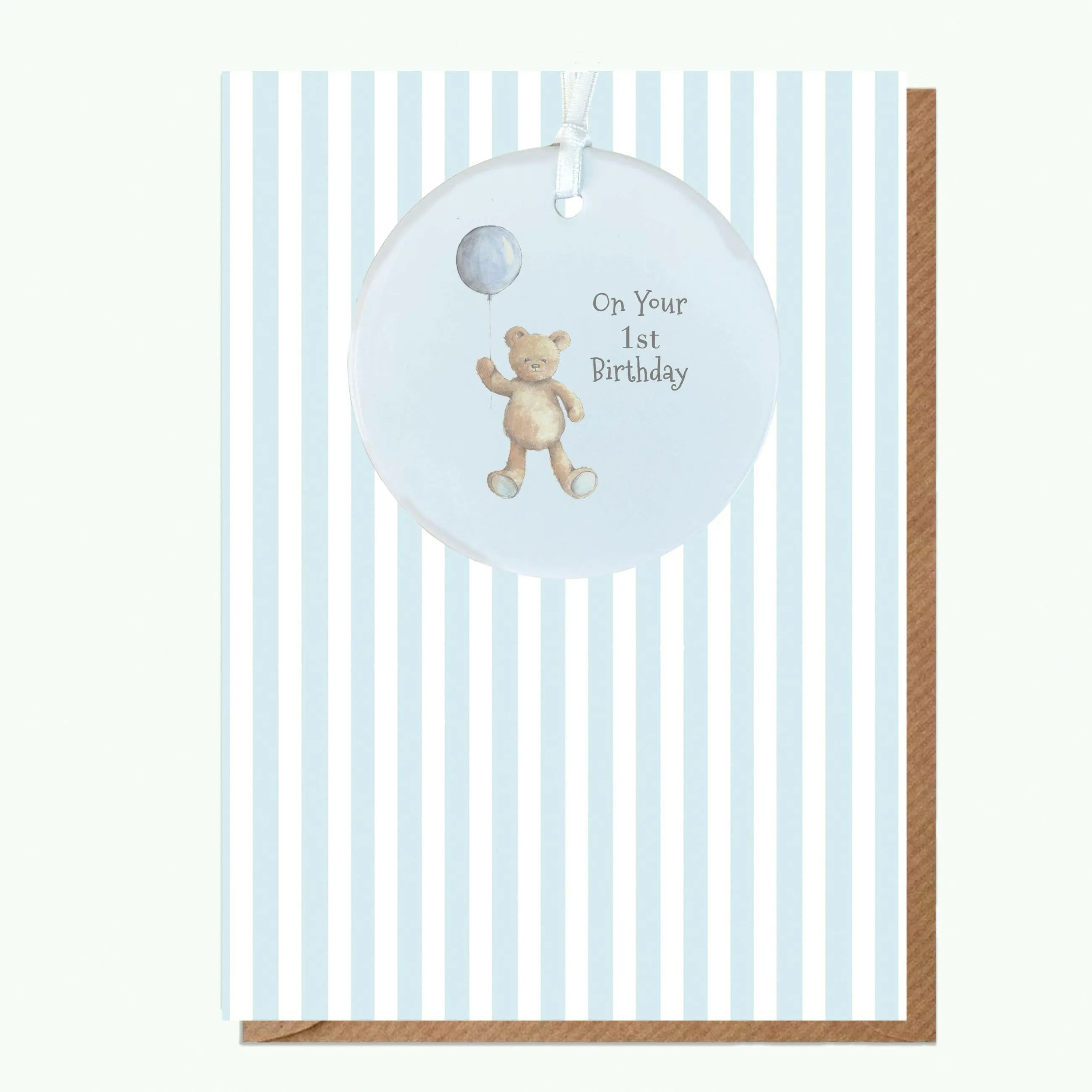 A6 Greeting Card with Ceramic Keepsake - Baby 1st Birthday Boy Teddy & Balloon