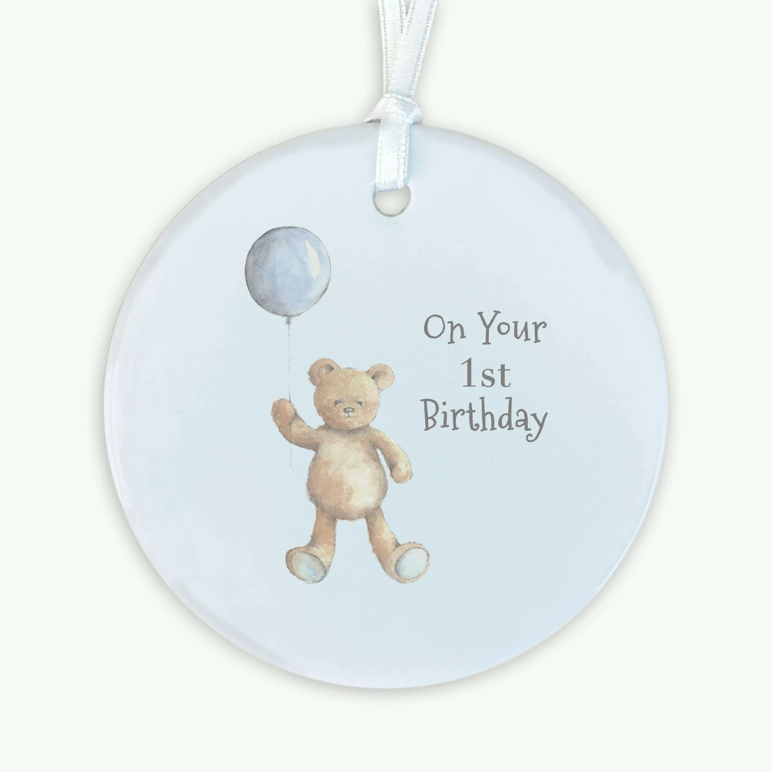 A6 Greeting Card with Ceramic Keepsake - Baby 1st Birthday Boy Teddy & Balloon