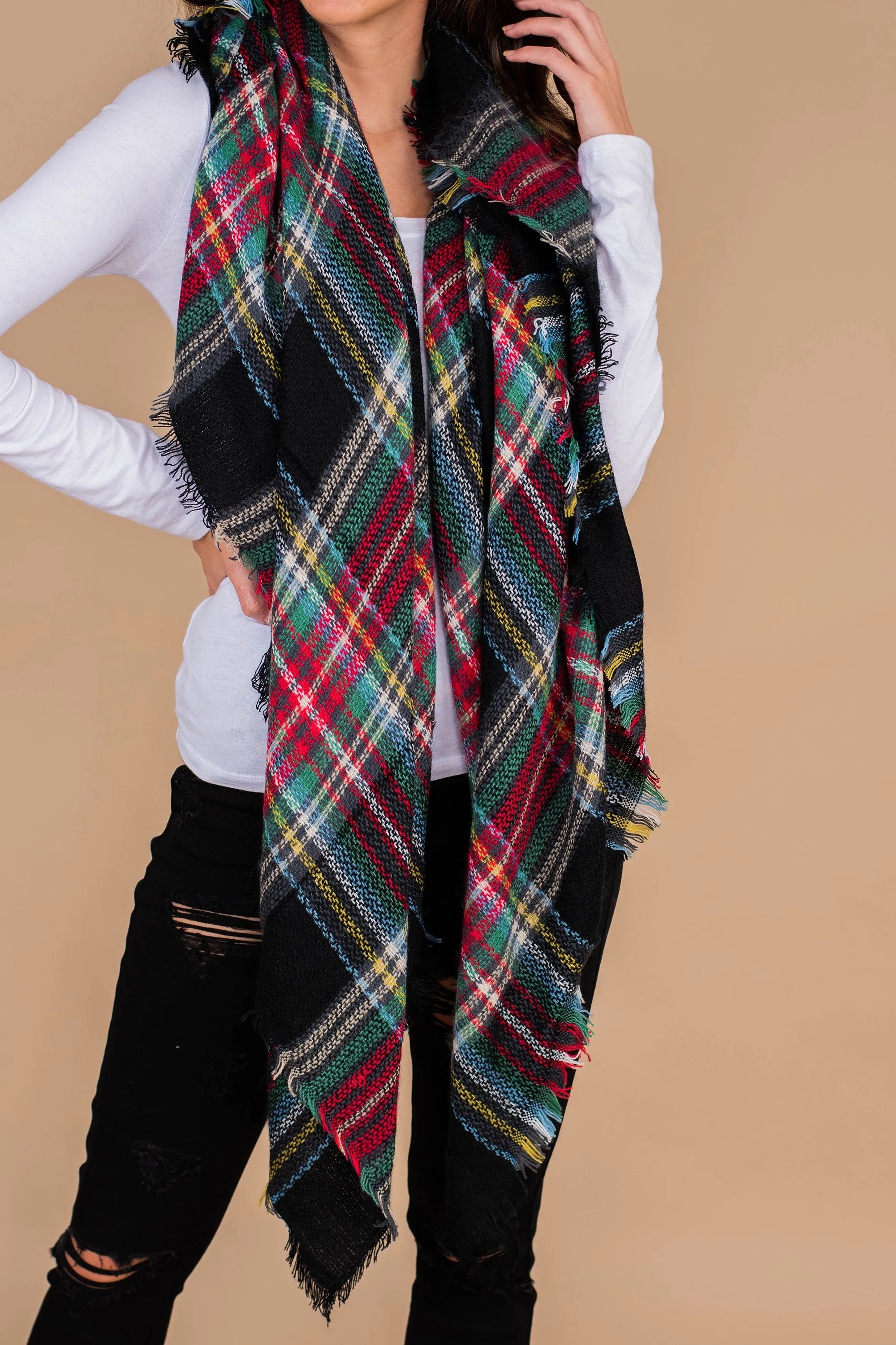 Autumn Air Navy And Red Plaid Blanket Scarf