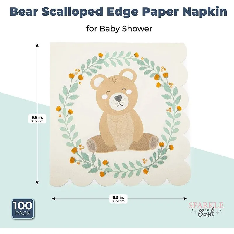 Bear Paper Napkins for Boy Baby Shower, Scalloped Edge (6.5 In, 100 Pack)