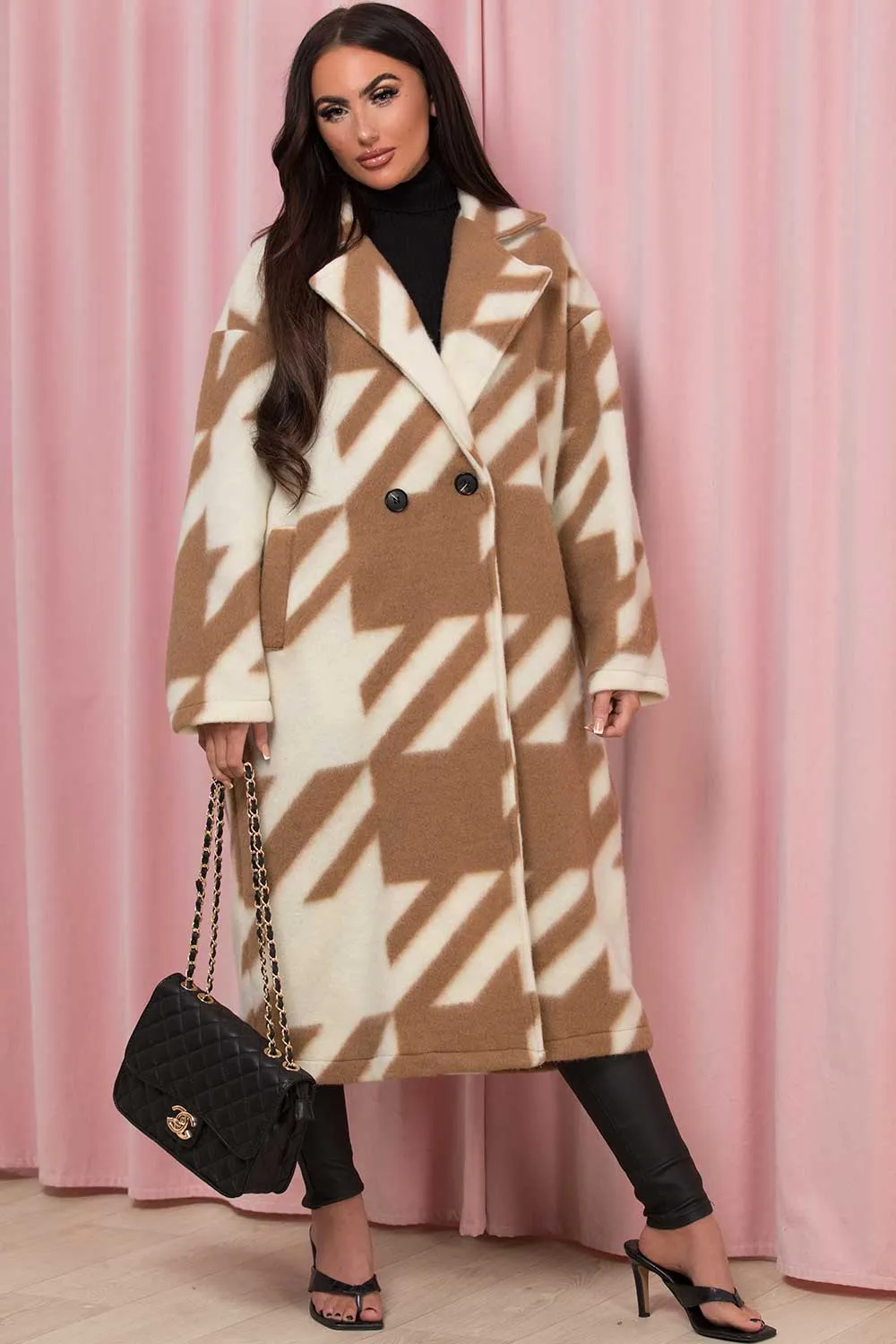 Beige Long Coat Dogtooth Print