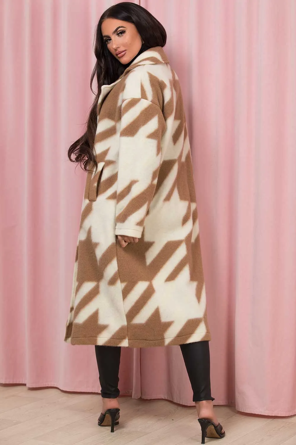 Beige Long Coat Dogtooth Print