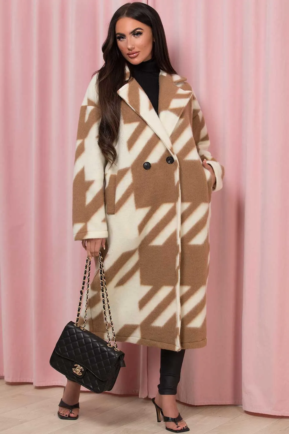 Beige Long Coat Dogtooth Print