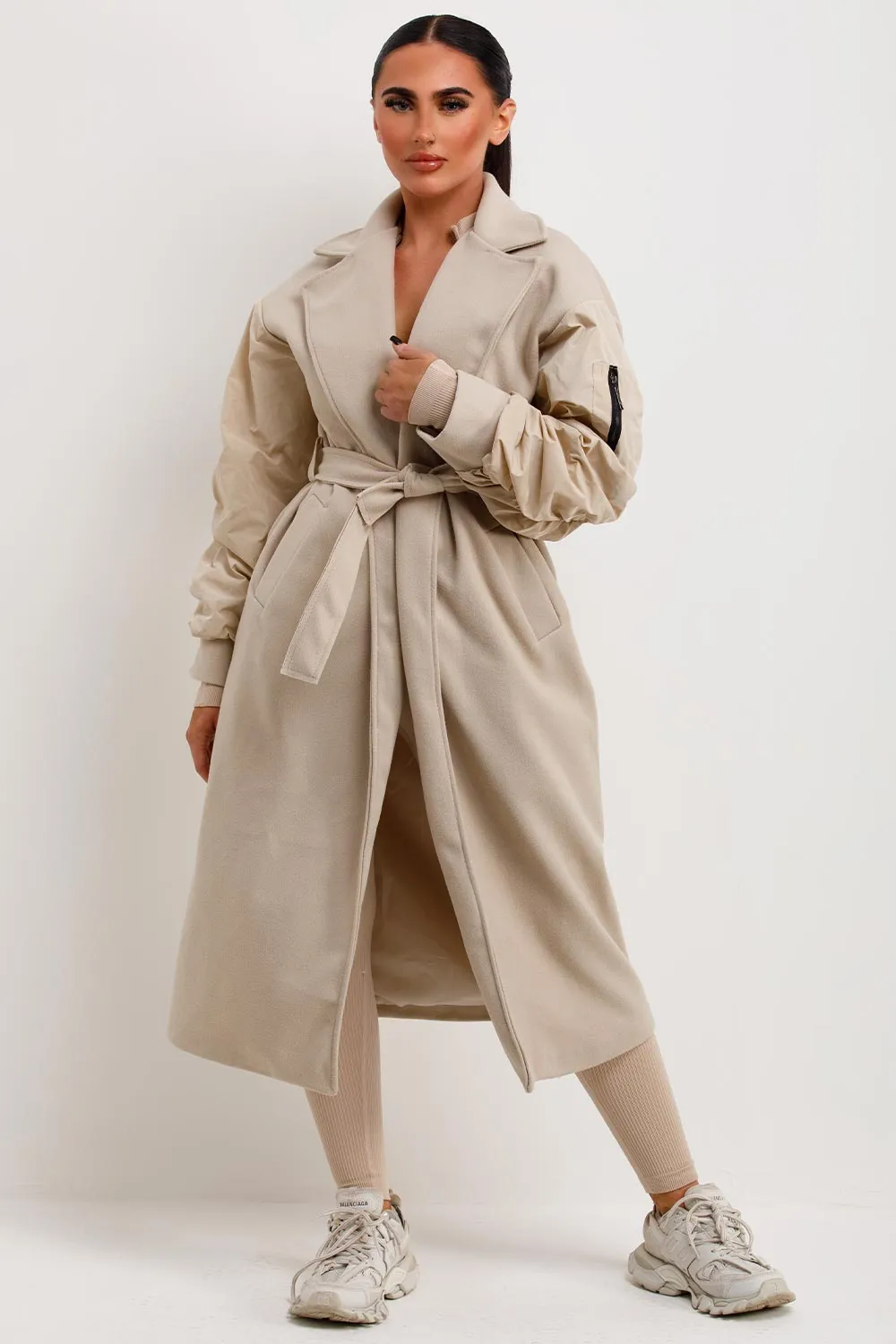 Beige Long Wrap Coat With Ruched Sleeves