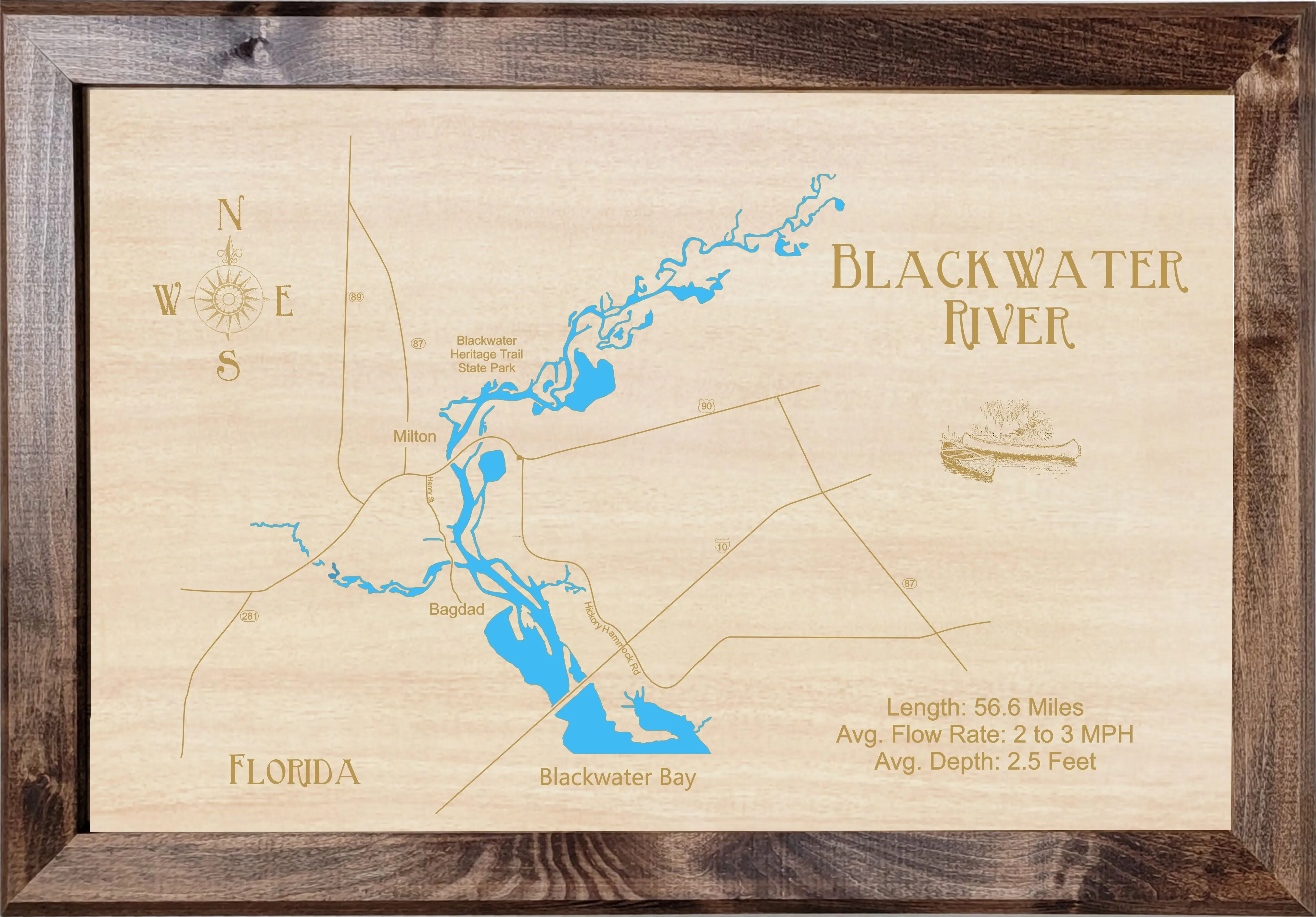 Blackwater River, FL - Laser Cut Wood Map