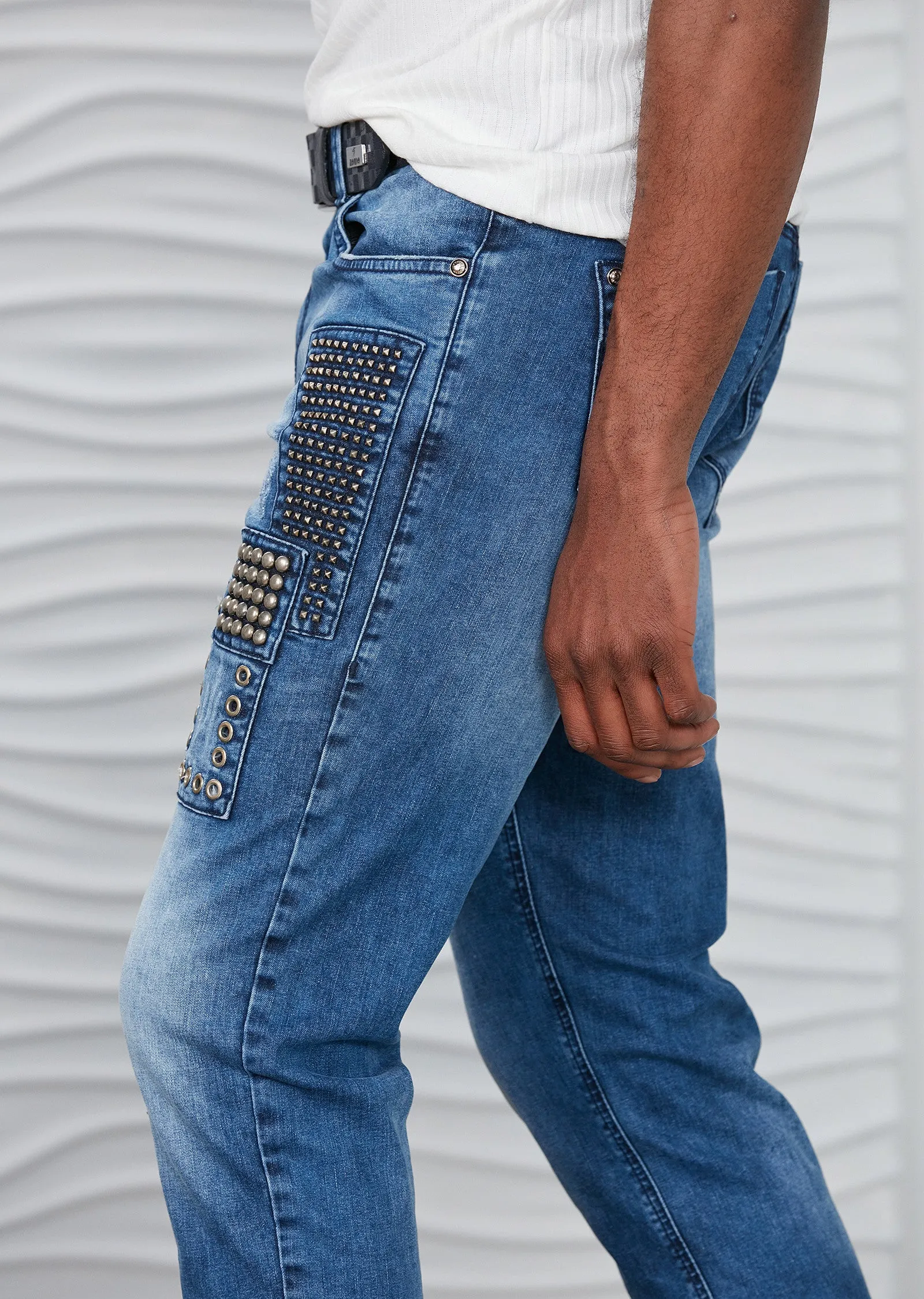 Blue Washed Studded Luxe Jeans