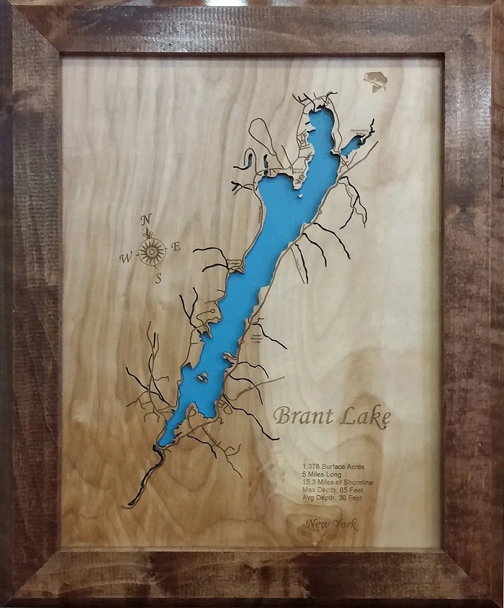 Brant Lake, NY - Laser Cut Wood Map