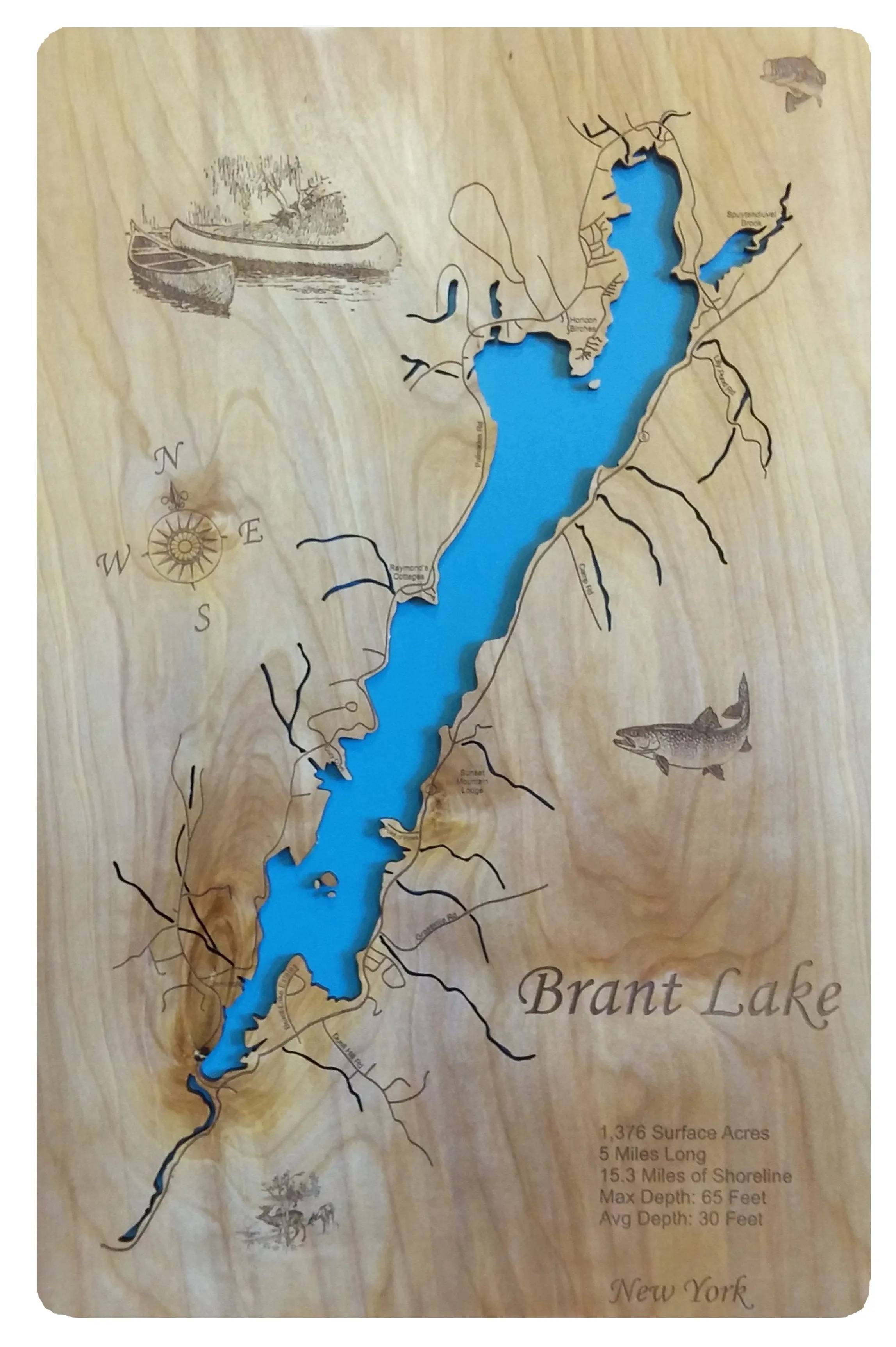 Brant Lake, NY - Laser Cut Wood Map