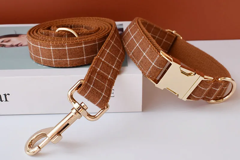 Brown And White Checks In Style:  Personalized Collar and Leash Set