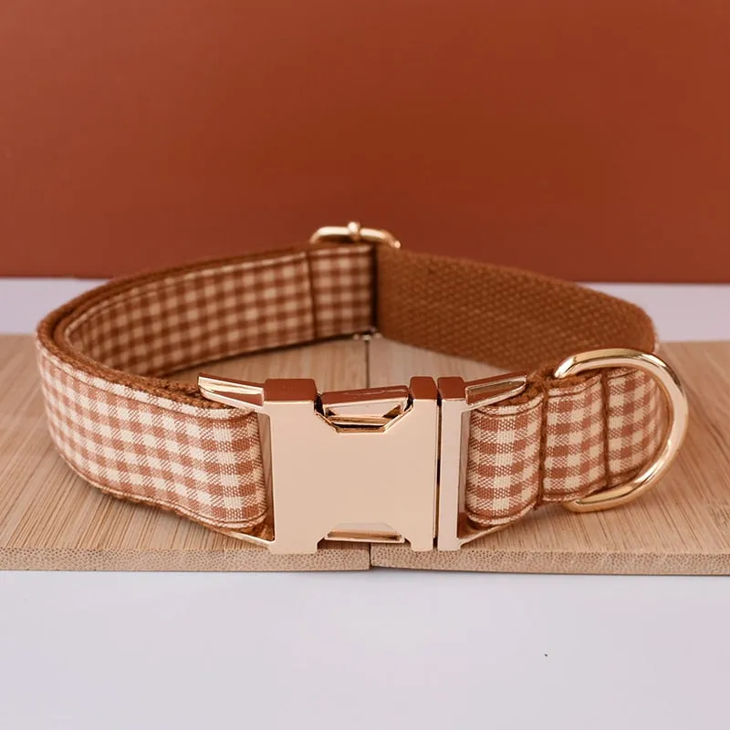 Brown And White Checks In Style:  Personalized Collar and Leash Set