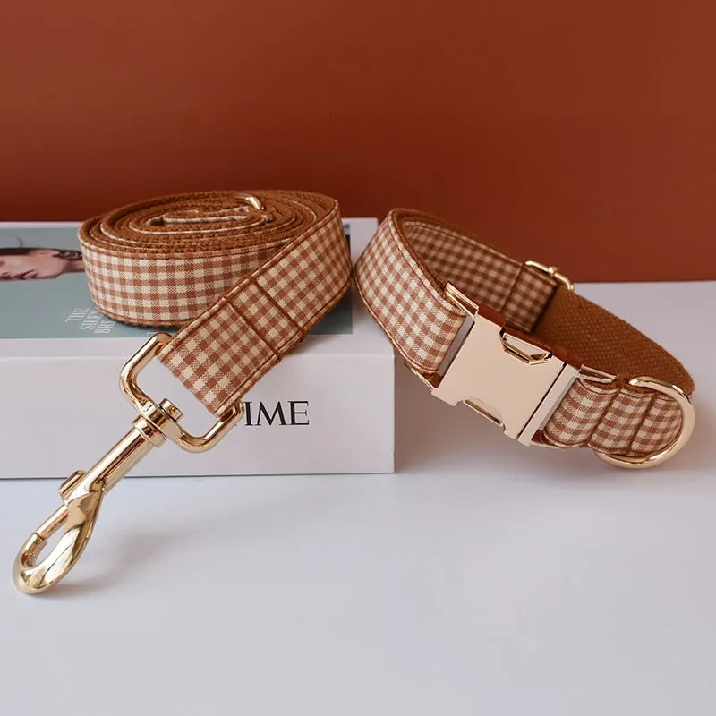 Brown And White Checks In Style:  Personalized Collar and Leash Set