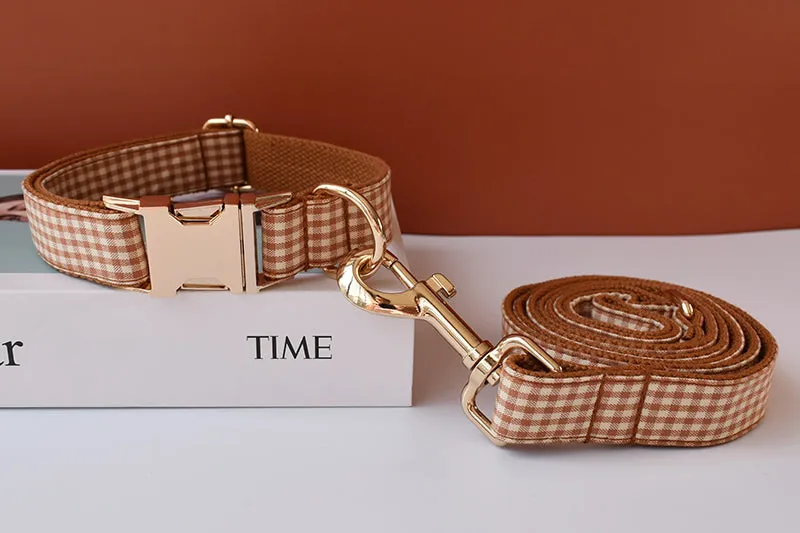 Brown And White Checks In Style:  Personalized Collar and Leash Set