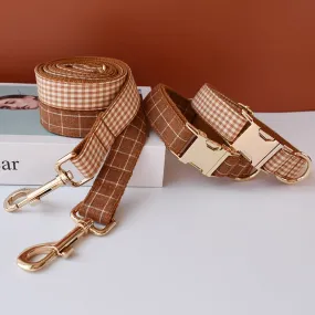 Brown And White Checks In Style:  Personalized Collar and Leash Set