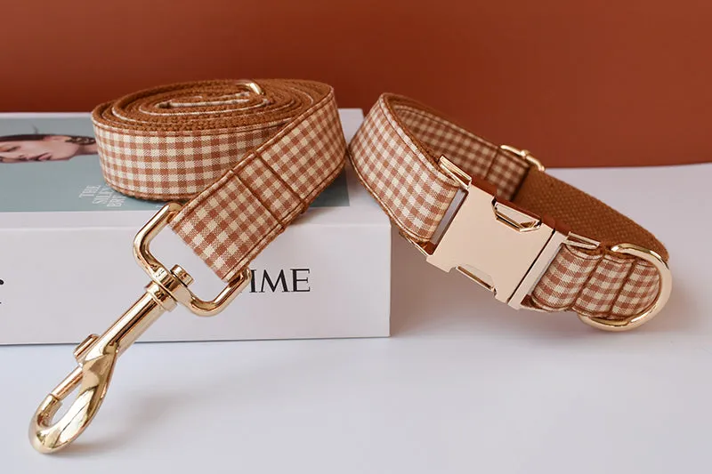 Brown And White Checks In Style:  Personalized Collar and Leash Set