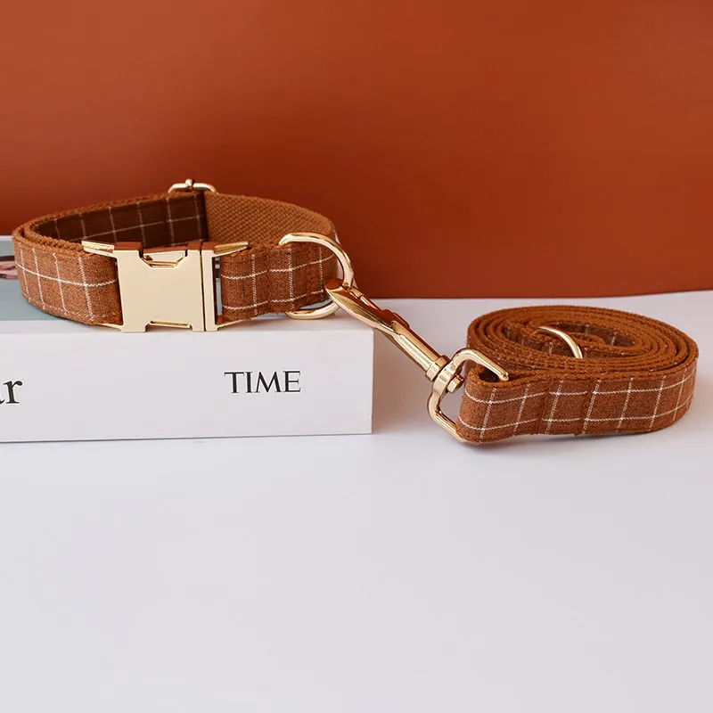 Brown And White Checks In Style:  Personalized Collar and Leash Set