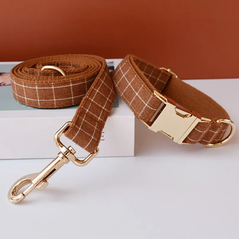 Brown And White Checks In Style:  Personalized Collar and Leash Set