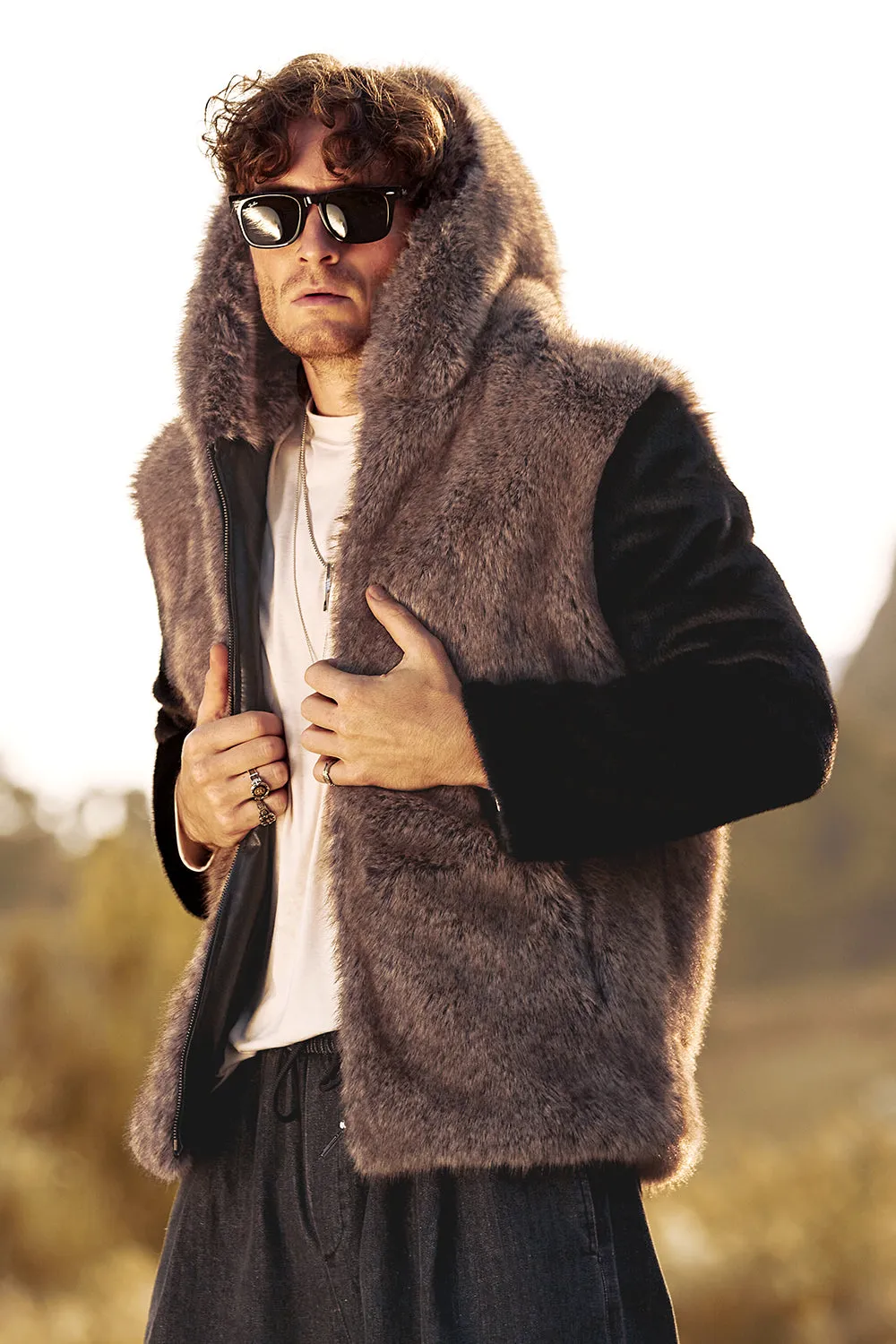 Brown Fluffy Faux Fur Short Men's Coat with Hood