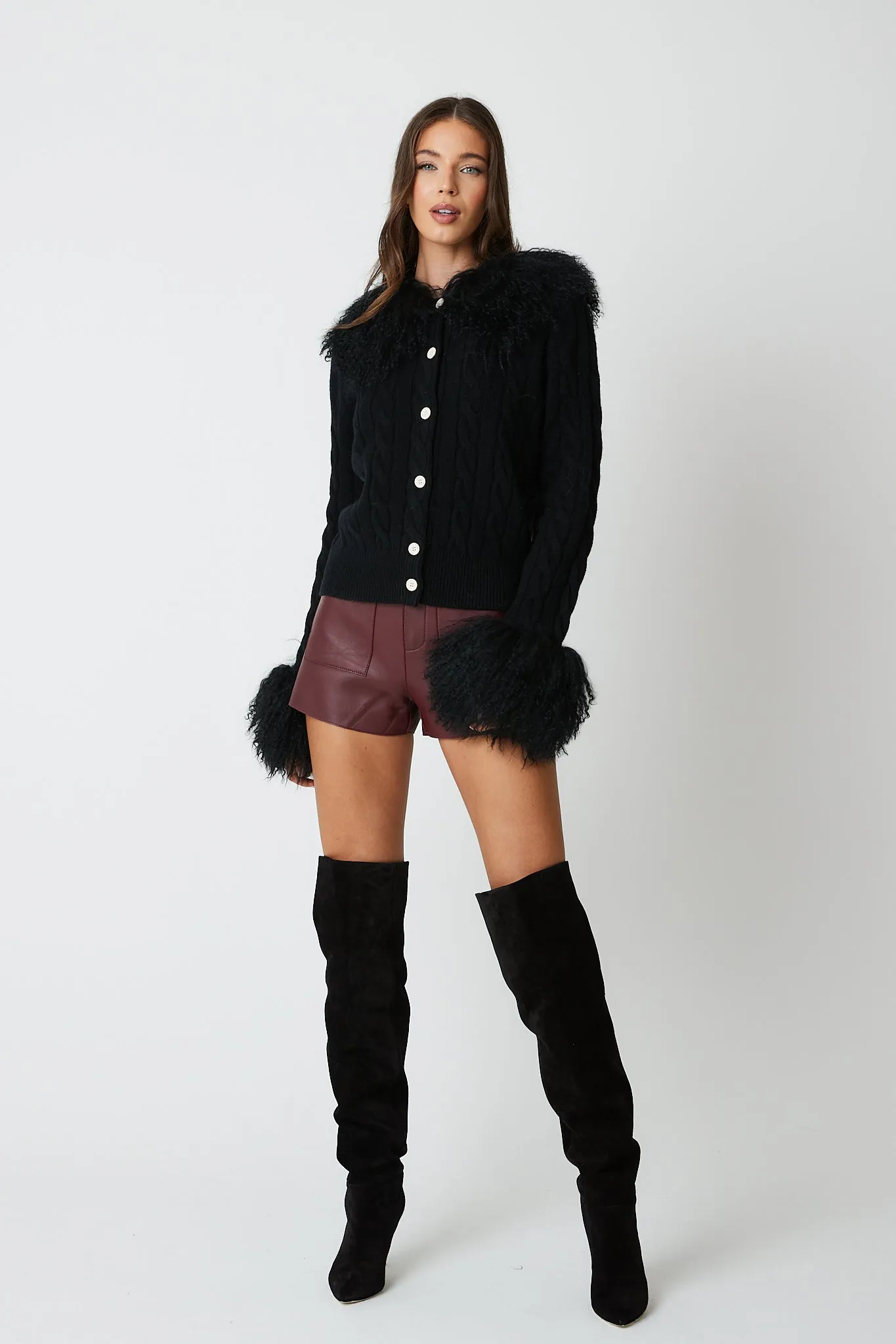 Cardigan with Mongolian Fur Collar & Cuffs