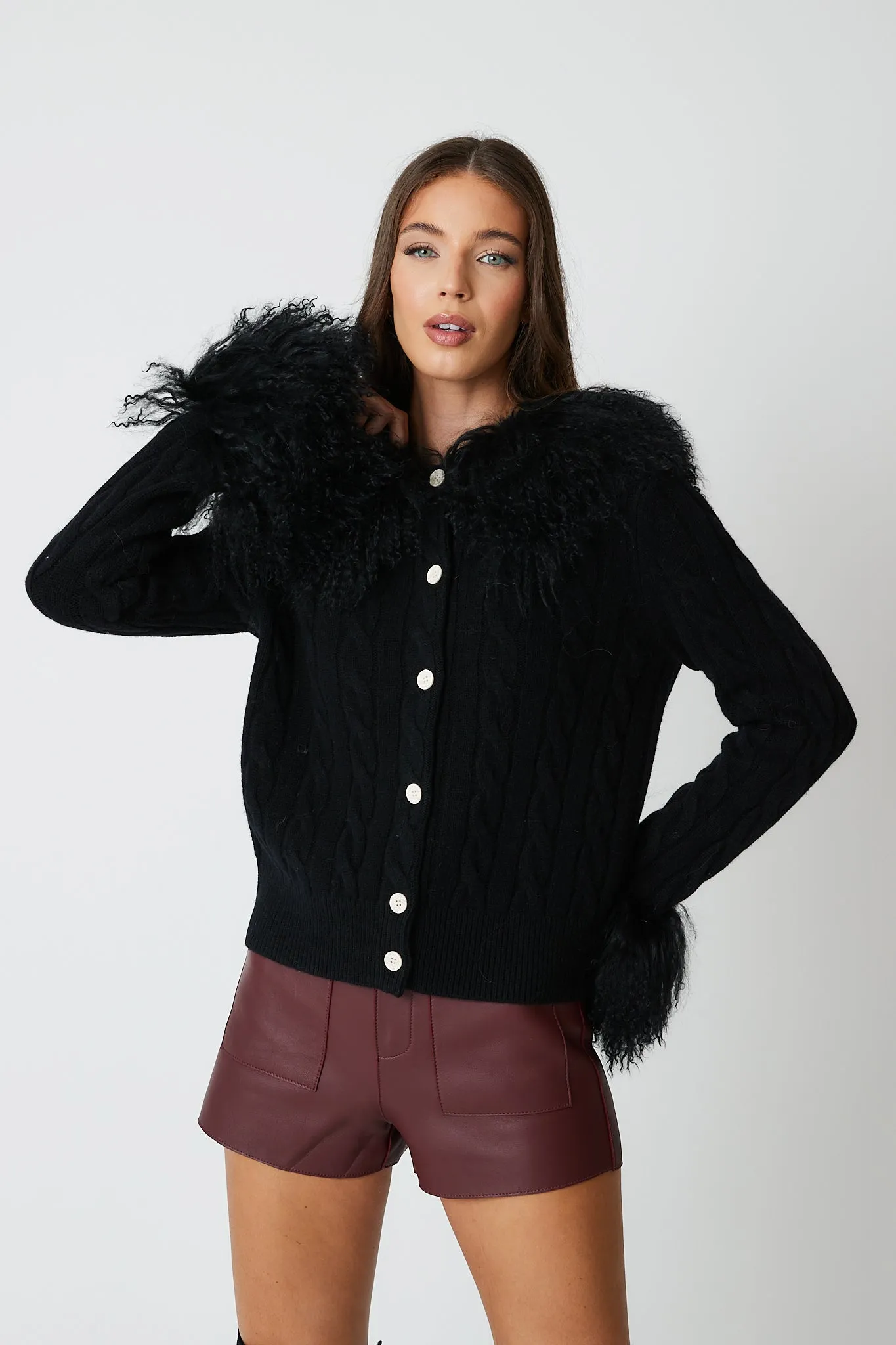 Cardigan with Mongolian Fur Collar & Cuffs