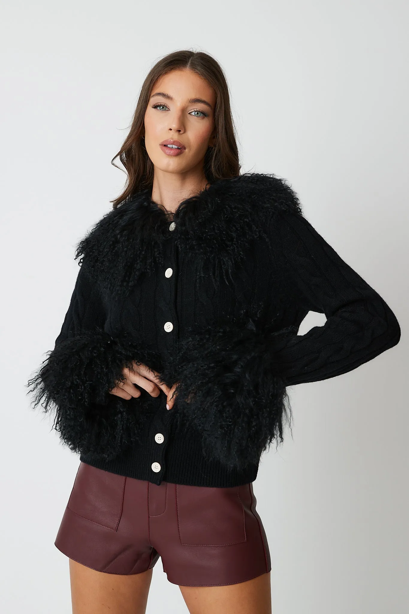 Cardigan with Mongolian Fur Collar & Cuffs