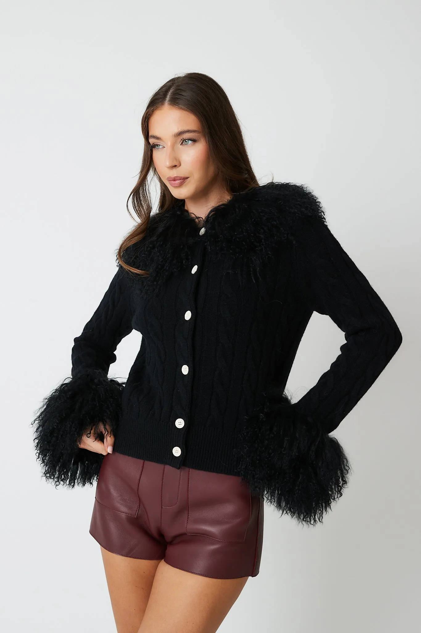 Cardigan with Mongolian Fur Collar & Cuffs