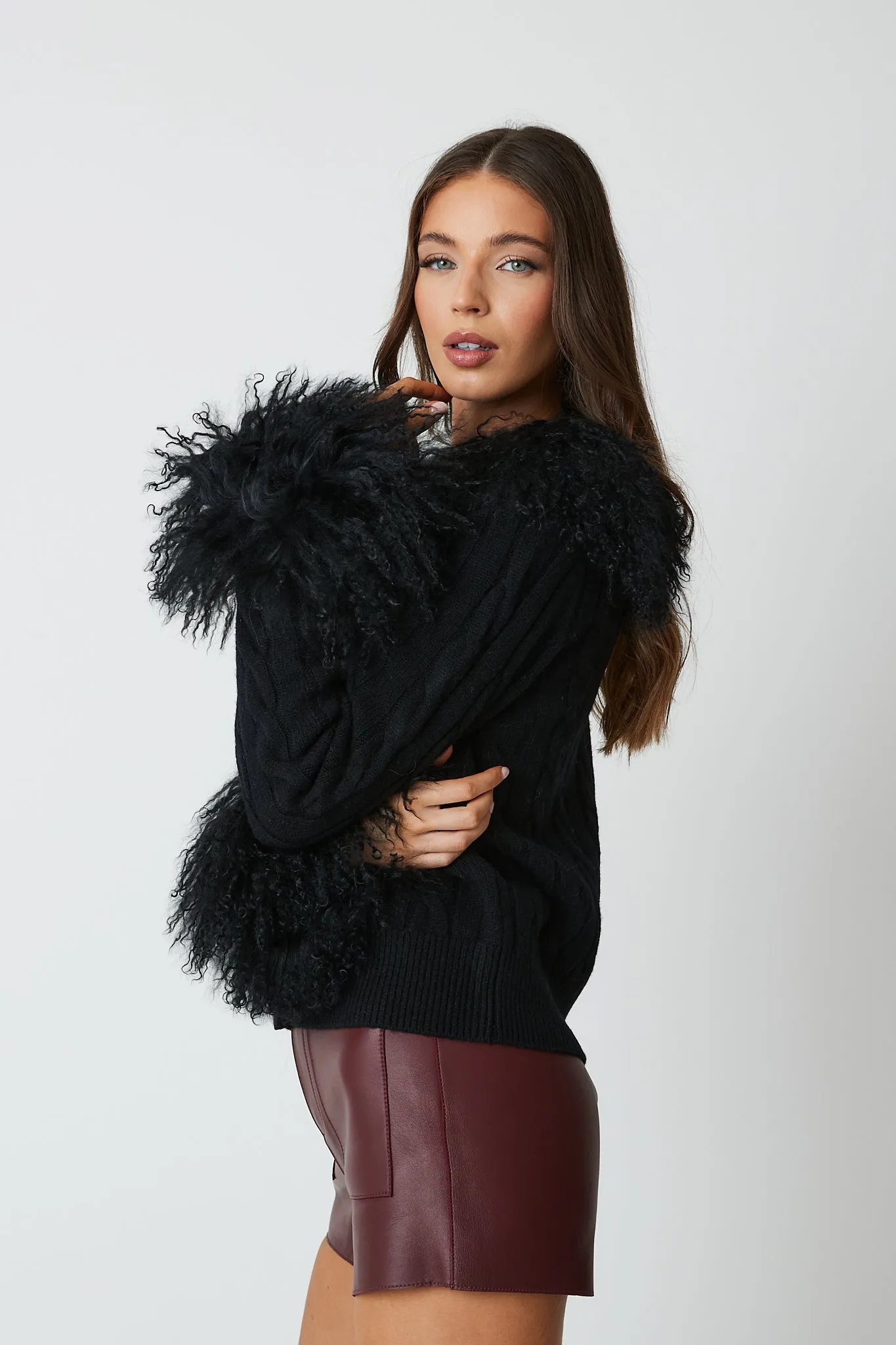 Cardigan with Mongolian Fur Collar & Cuffs