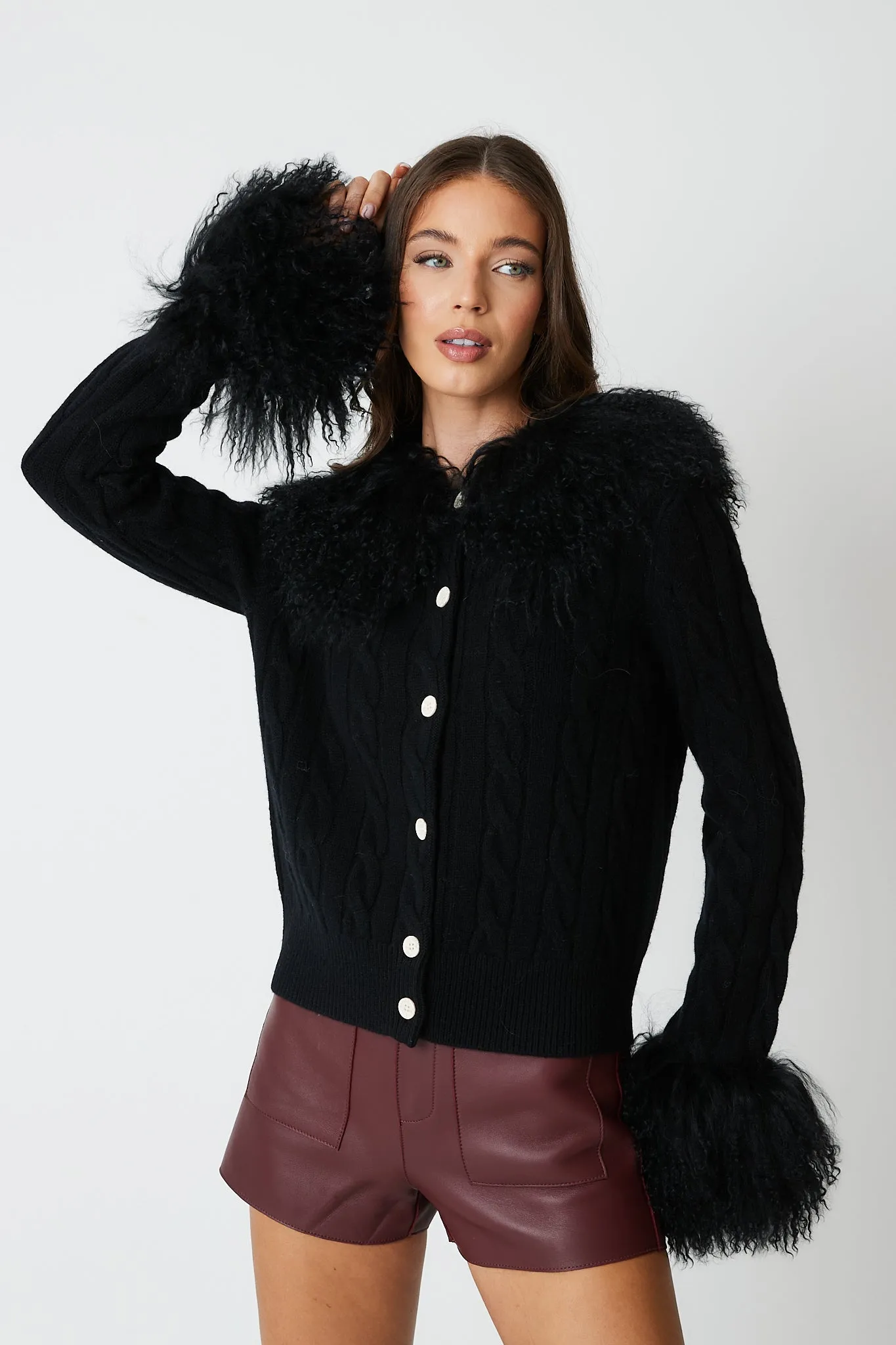 Cardigan with Mongolian Fur Collar & Cuffs