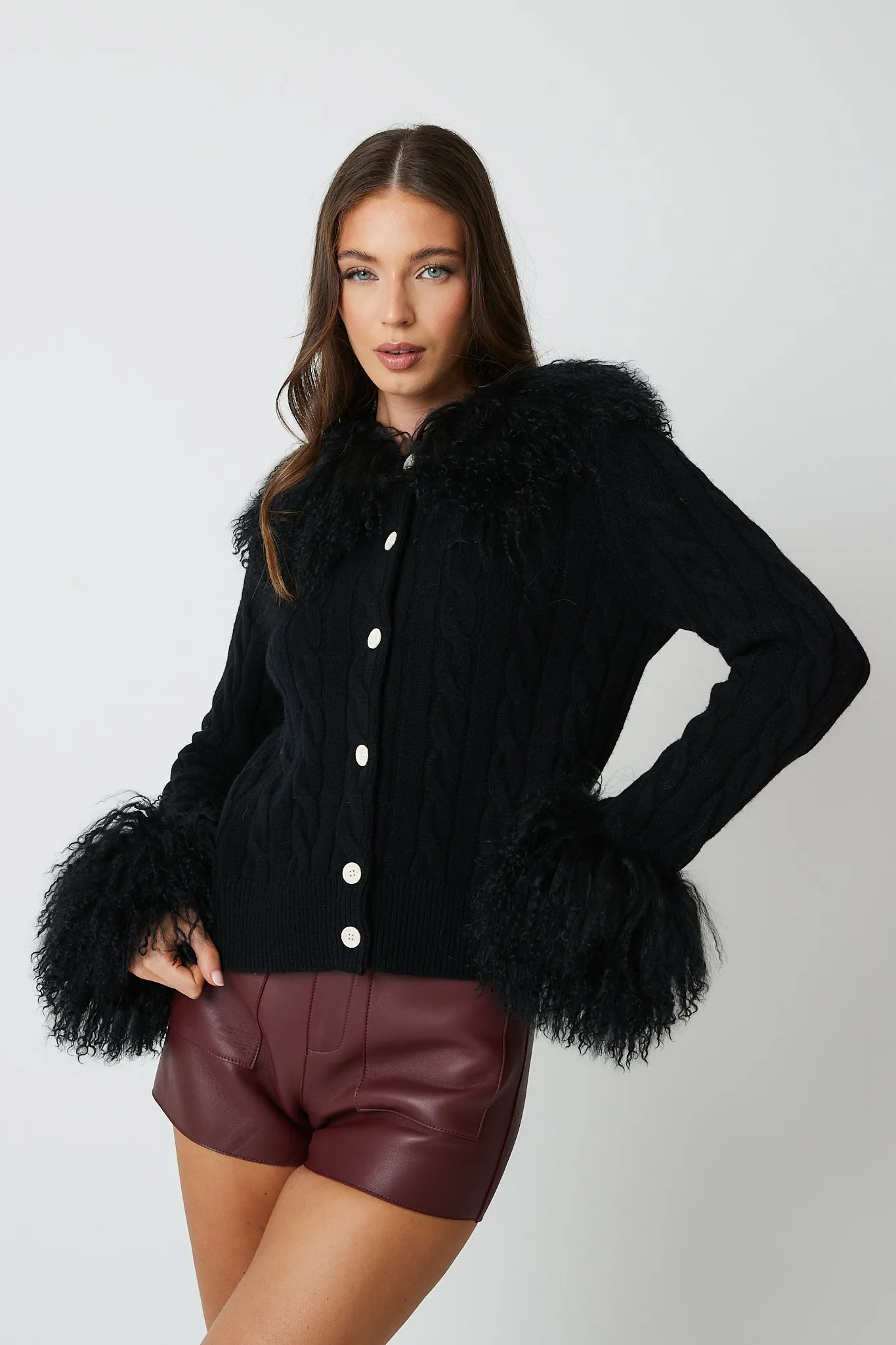 Cardigan with Mongolian Fur Collar & Cuffs