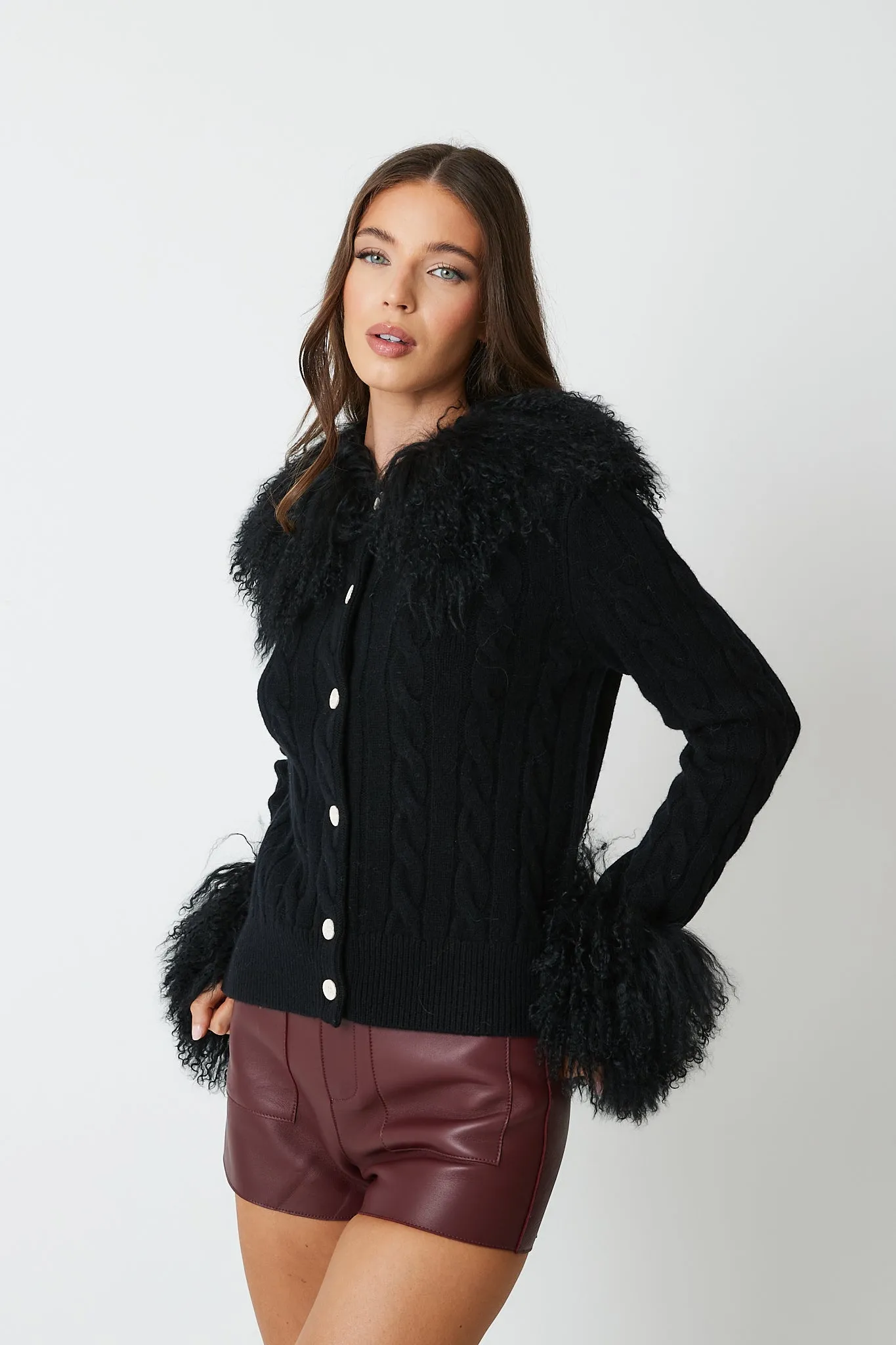 Cardigan with Mongolian Fur Collar & Cuffs