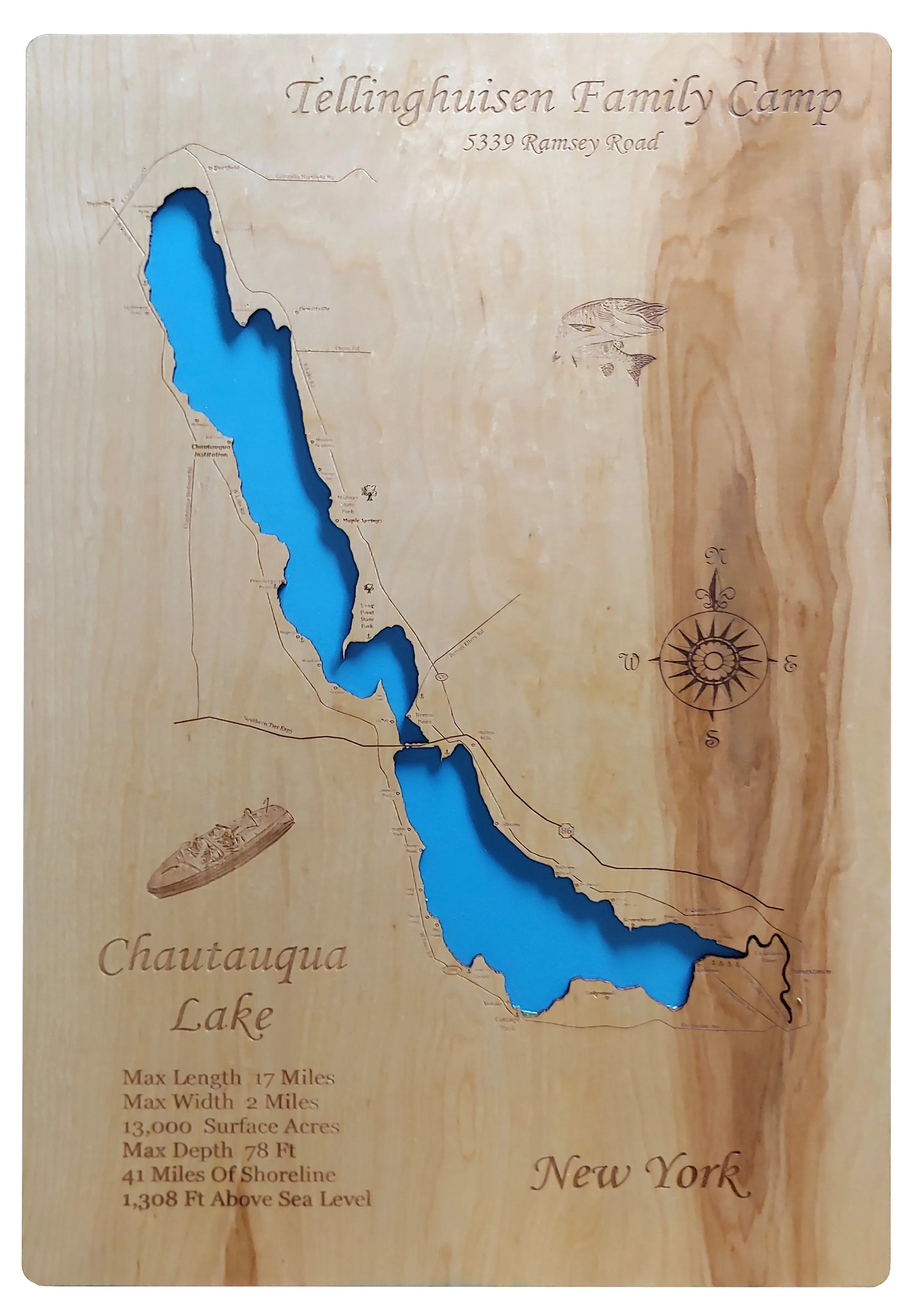 Chautauqua Lake, NY - Laser Cut Wood Map