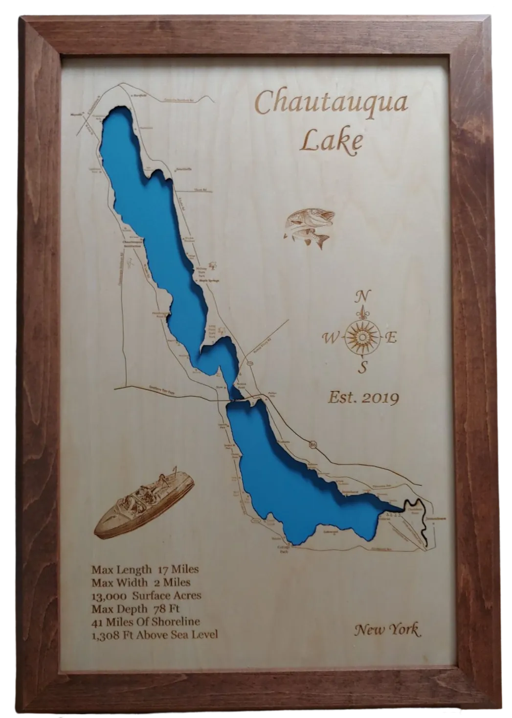 Chautauqua Lake, NY - Laser Cut Wood Map