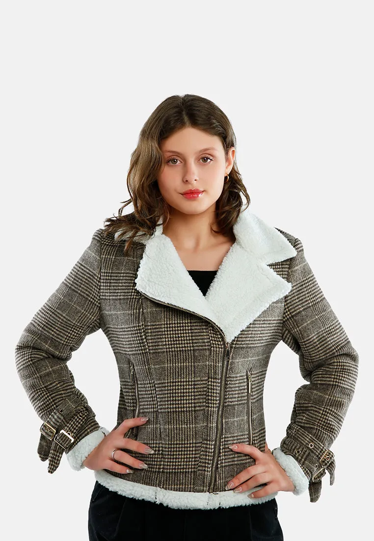 Checkered Shearling Collar Winter Jacket