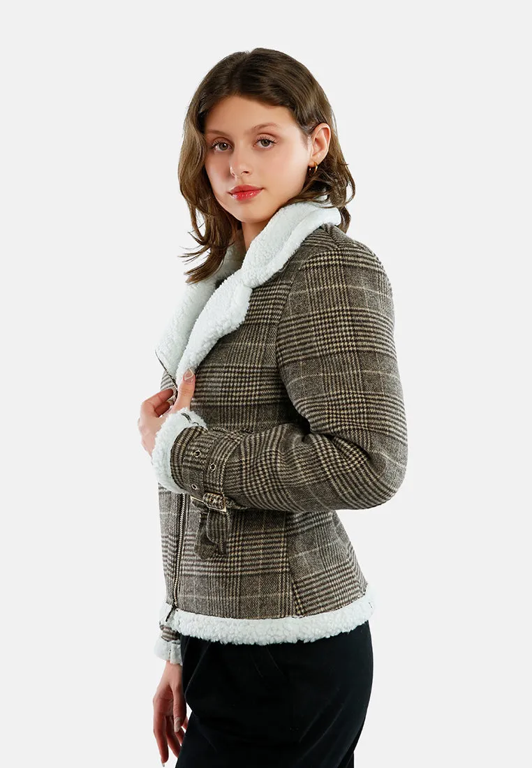 Checkered Shearling Collar Winter Jacket