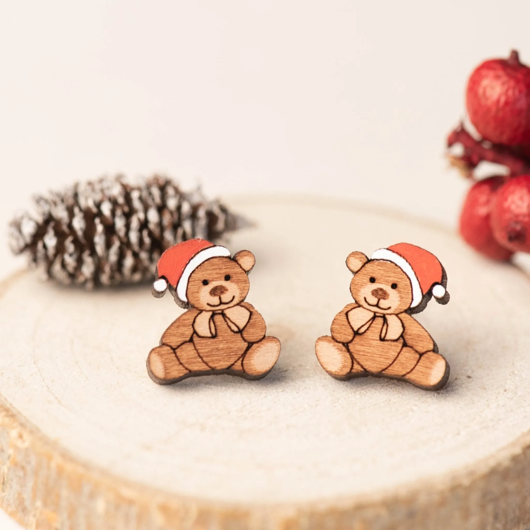 Christmas Teddy Bear in Red Hat Wood Earrings - EL10134