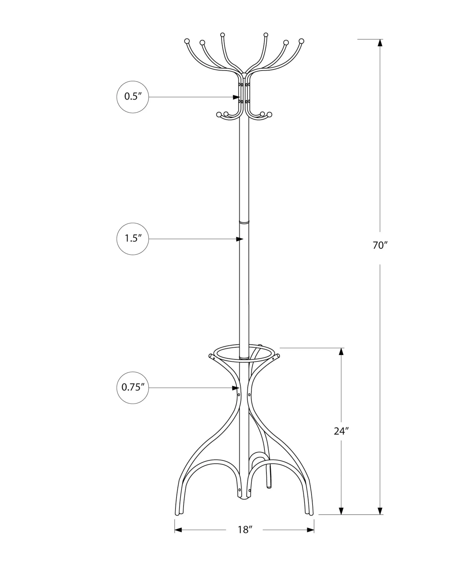 Coat Rack, Hall Tree, Free Standing, 12 Hooks, Entryway, 70"h, Umbrella Holder, Bedroom, White Metal, Contemporary, Modern