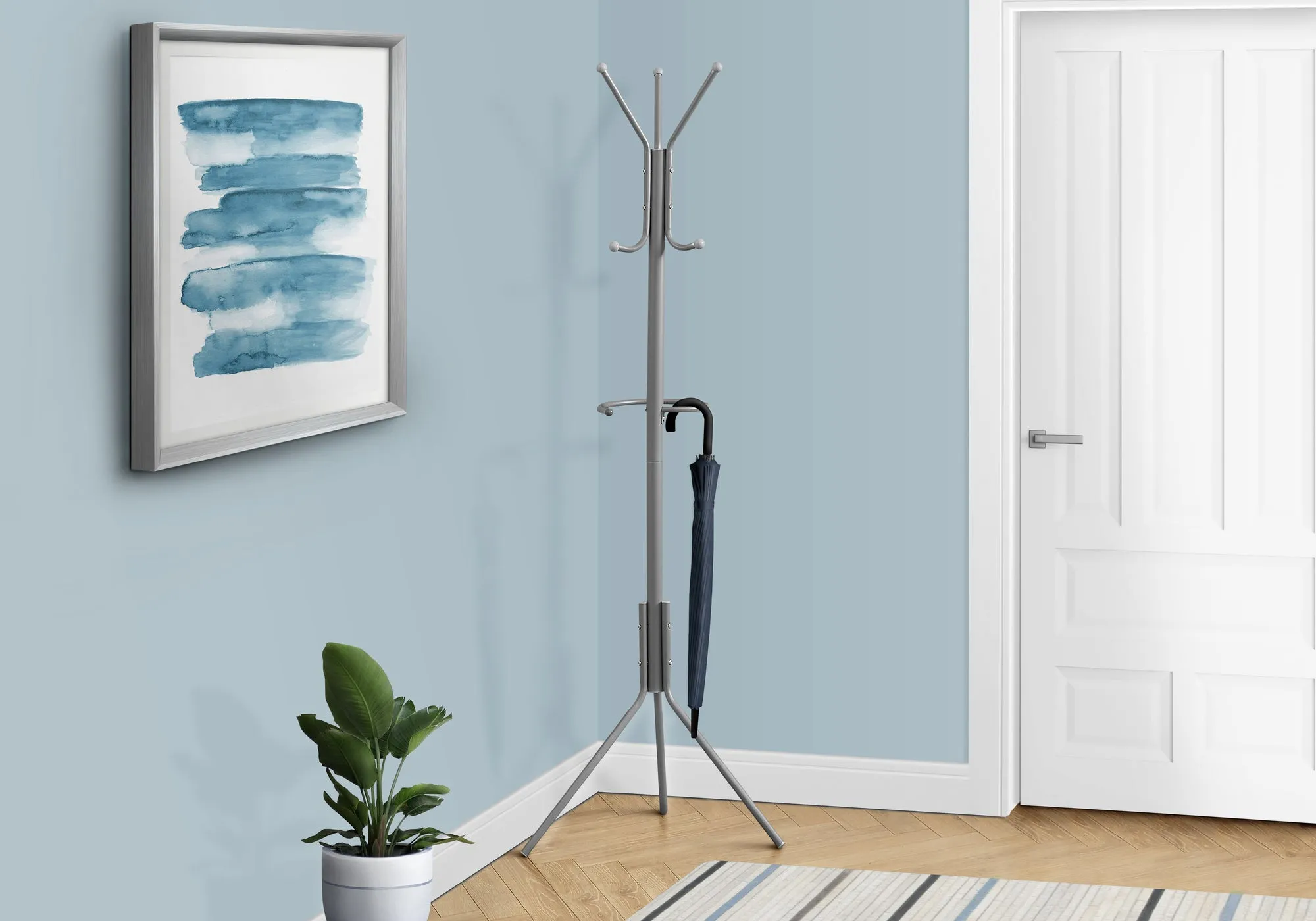 Coat Rack, Hall Tree, Free Standing, Hanging Bar, 6 Hooks, Entryway, 68"h, Bedroom, Grey Metal, Contemporary, Modern