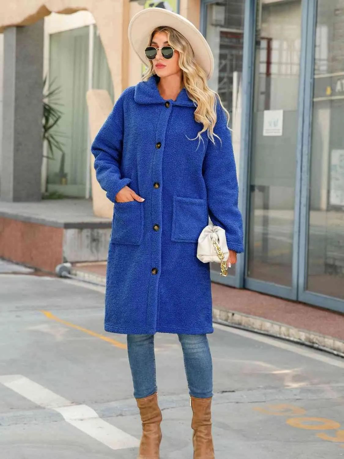 Collared Neck Button Down Sherpa Longline Coat