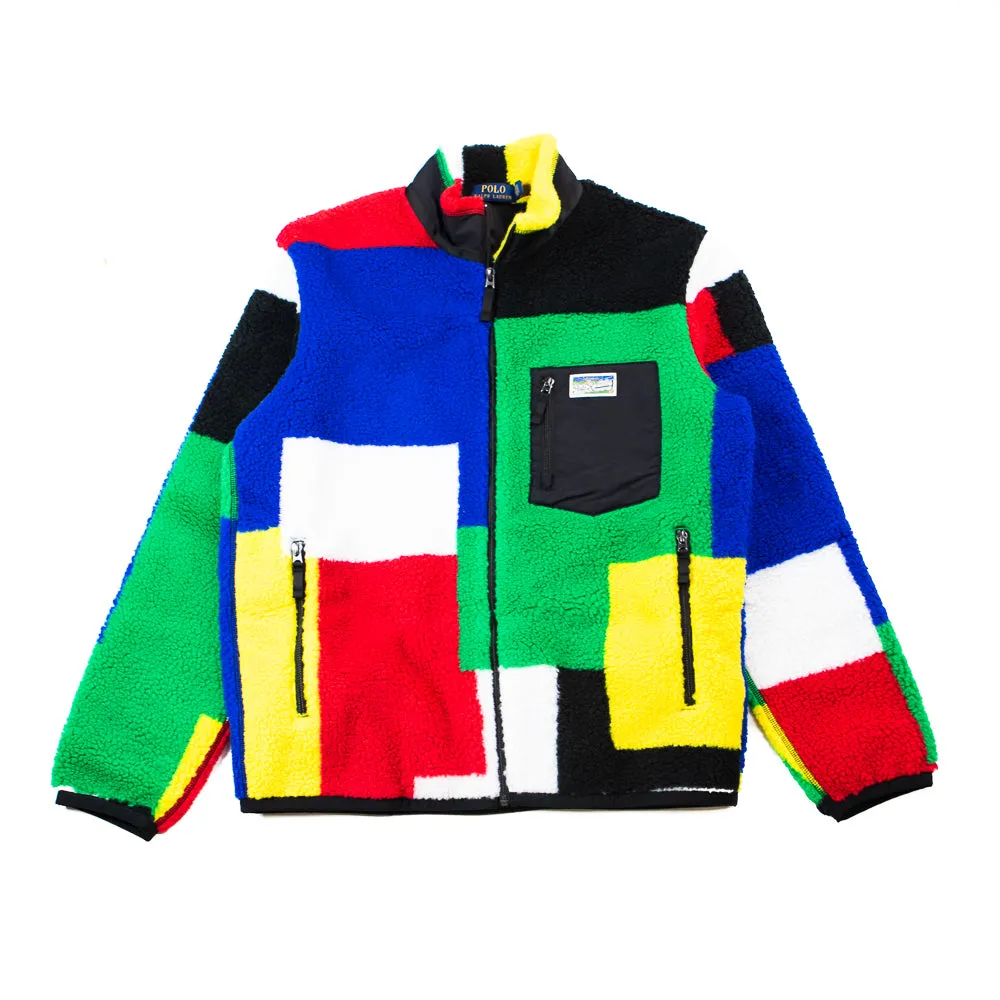 Color-Blocked Pile Fleece Down Jacket (Red Multi)