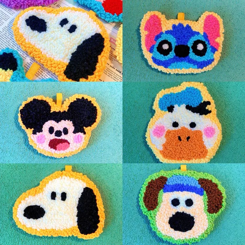 Cute Cartoon Own Design Punch Needle Coaster DIY Kit with Yarn Set |  Mickey Teddy Bear Donald Duck - All materials included