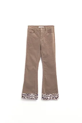 Dark Beige Corduroy Flare Pants with Leopard Print At the Bottom