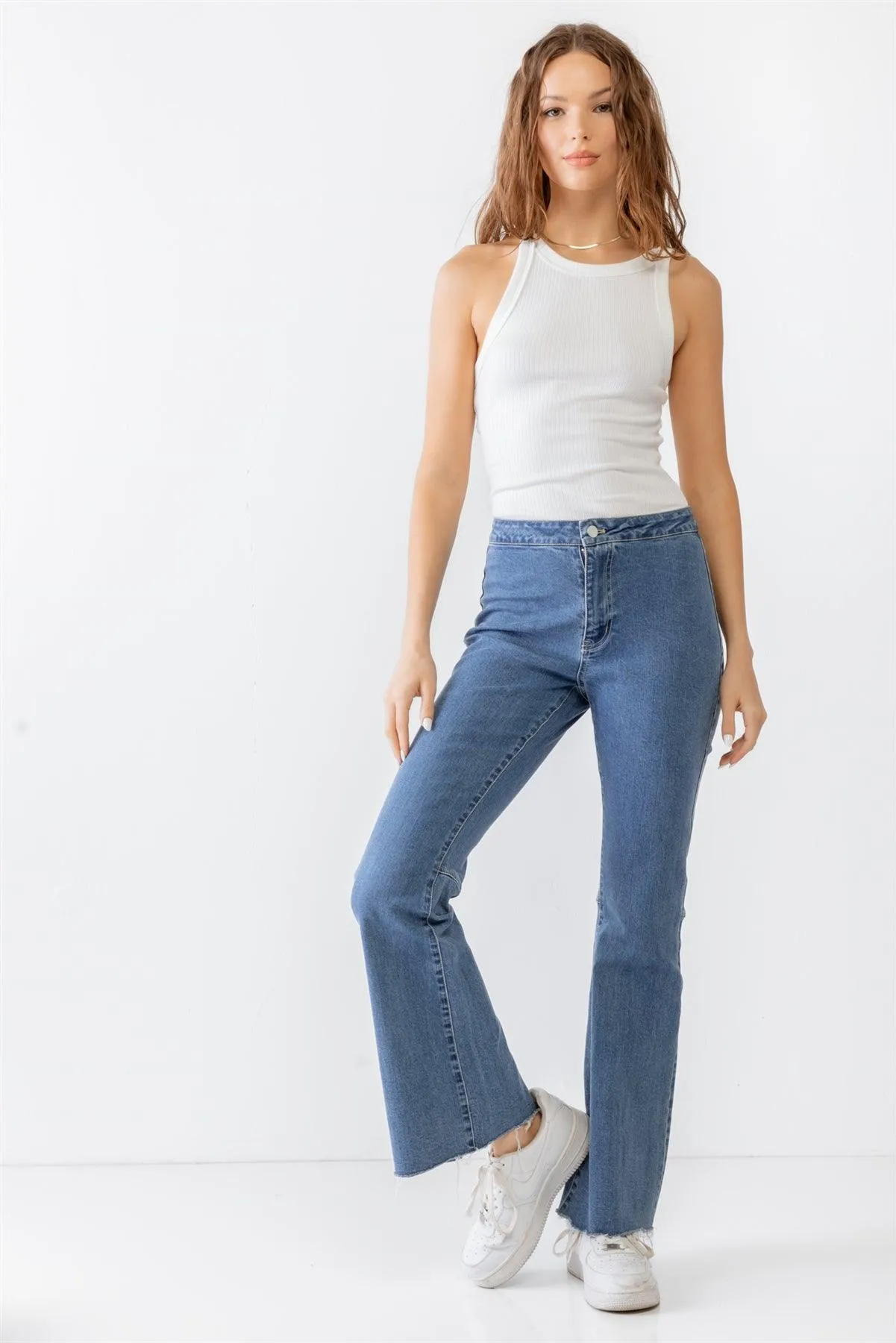 Denim Cotton High Waist Raw Flare Hem Jeans /1-2-2-1