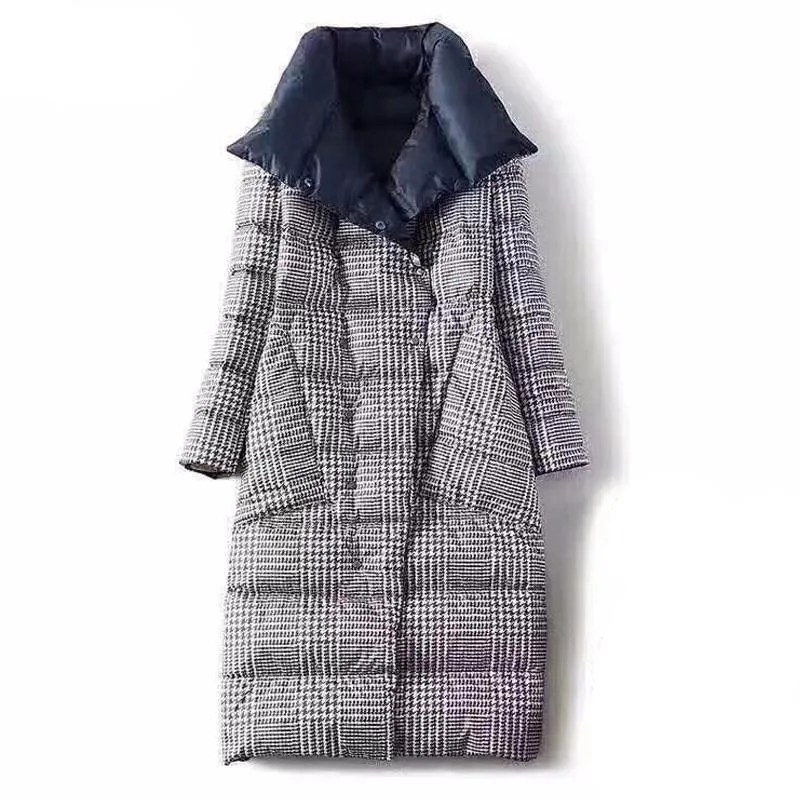 Double Sided Women's Down Jacket Long Winter Turtleneck White Duck Down Coat Female Double Breasted Plus size Warm Plaid Parkas