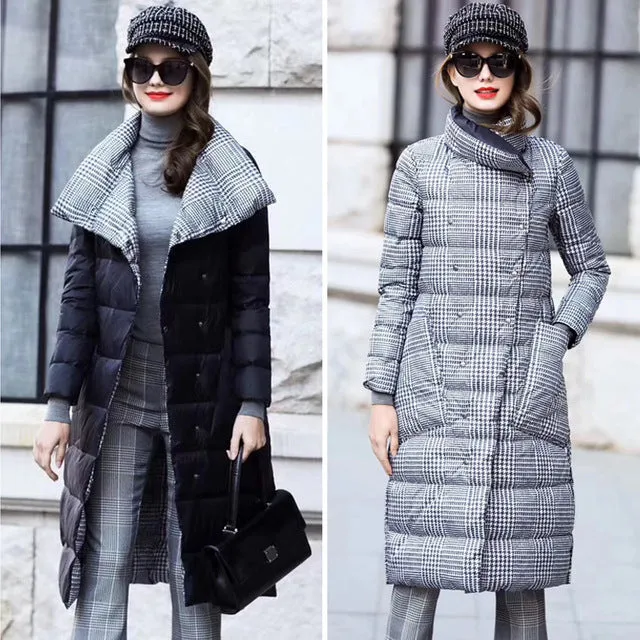 Double Sided Women's Down Jacket Long Winter Turtleneck White Duck Down Coat Female Double Breasted Plus size Warm Plaid Parkas