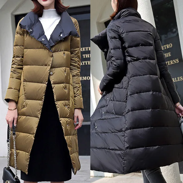 Double Sided Women's Down Jacket Long Winter Turtleneck White Duck Down Coat Female Double Breasted Plus size Warm Plaid Parkas