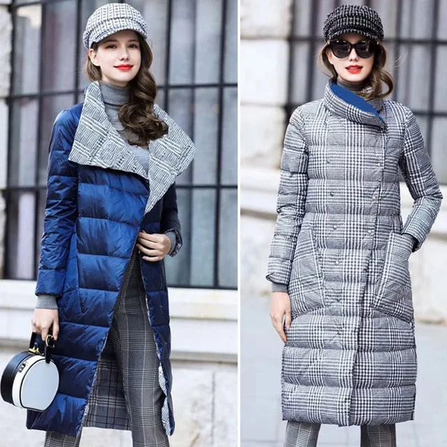 Double Sided Women's Down Jacket Long Winter Turtleneck White Duck Down Coat Female Double Breasted Plus size Warm Plaid Parkas