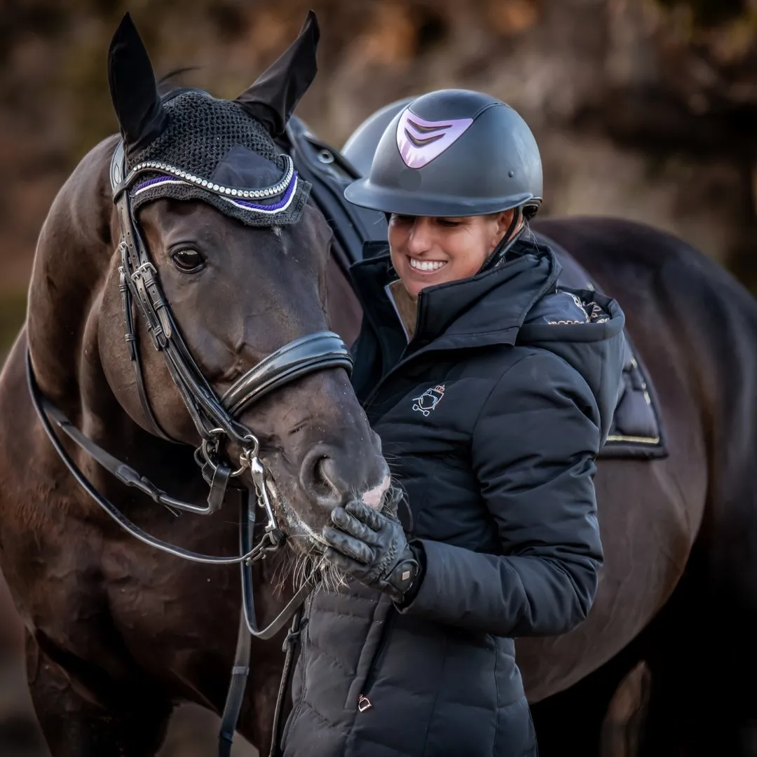 DQD Black Duck Down Riding Coat with Velvet Collar